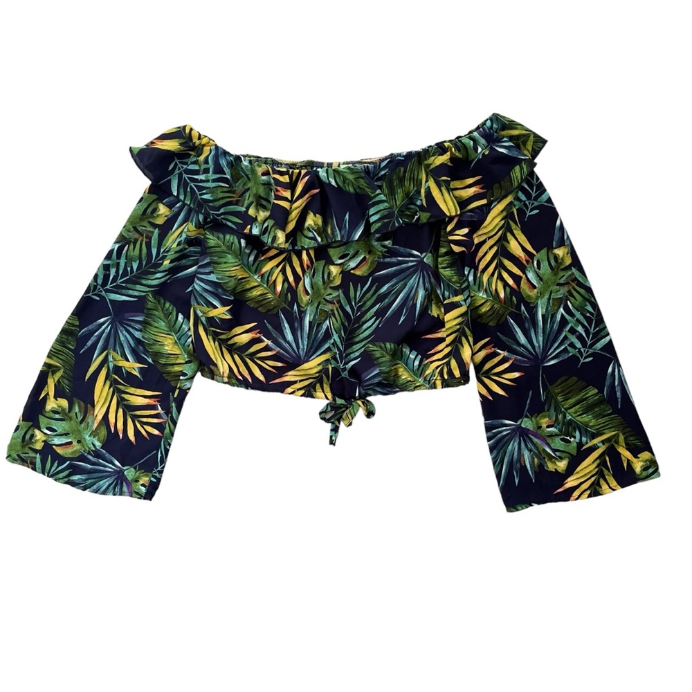 L Love Women’s M Blue Green Tropical Print Off Shoulder Long Sleeve, Crop Blouse